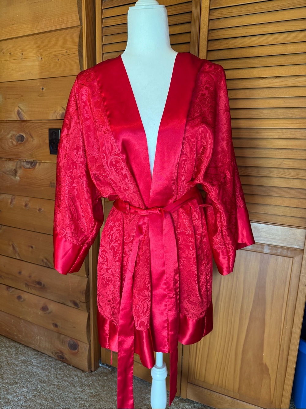 Vintage Victoria’s Secret Red Satin Jacquard Paisley Kimono Robe